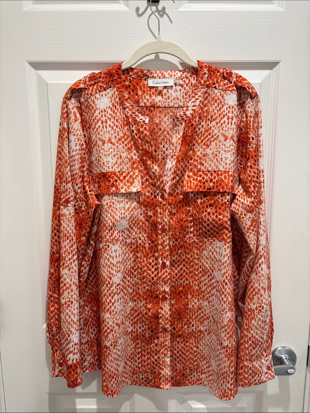 Calvin Klein Orange & White Button-Front Blouse Snakeskin Print Front Pockets